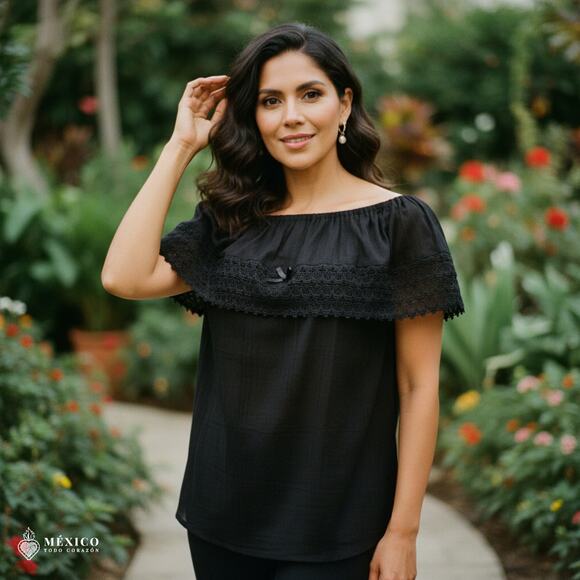 Black Mexican Blouse with Lace Trim – Lightweight Chiffon-Style Top for Women - Picture 3 of 4